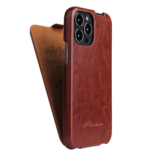 iPhone 13 Fierre Shann Retro Oil Wax Texture Vertical Flip PU Leather Case - Brown